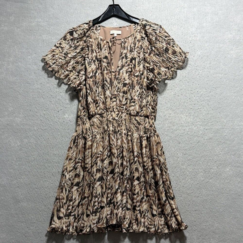 Ramy Brook Smocked Mini Dress Women's Size M Brown Felicia Pleated Slipover
